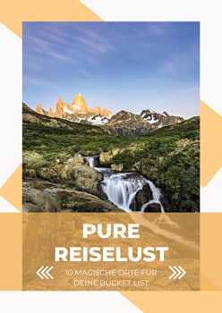 Cover E-Book "Pure Reiselust" mit Wasserfall und Berg in Patagonien