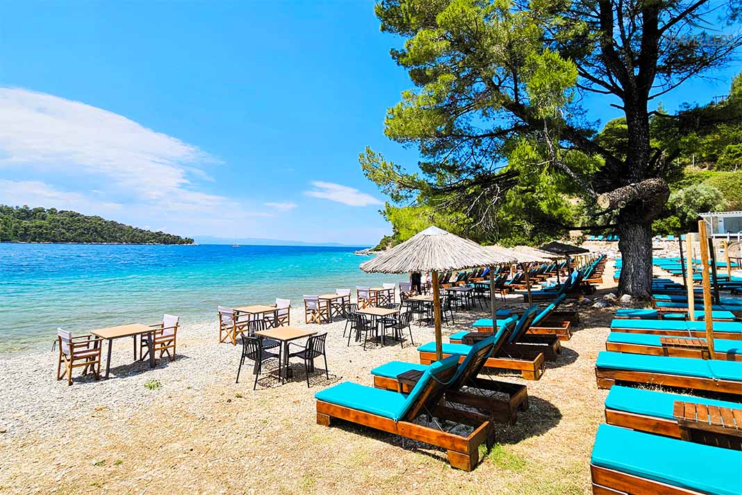 Tische und Sonnenliegen in Türkis am Kiesstrand mit Baum von Panormos