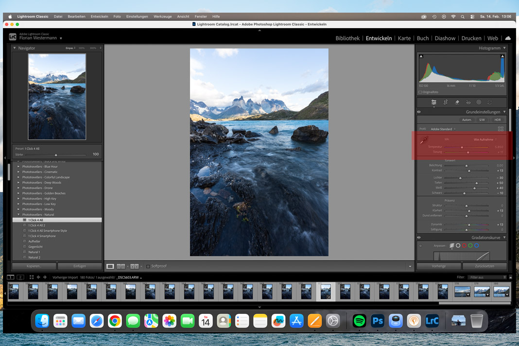 Ein Bild aus Patagonien, geöffnet in Adobe Lightroom